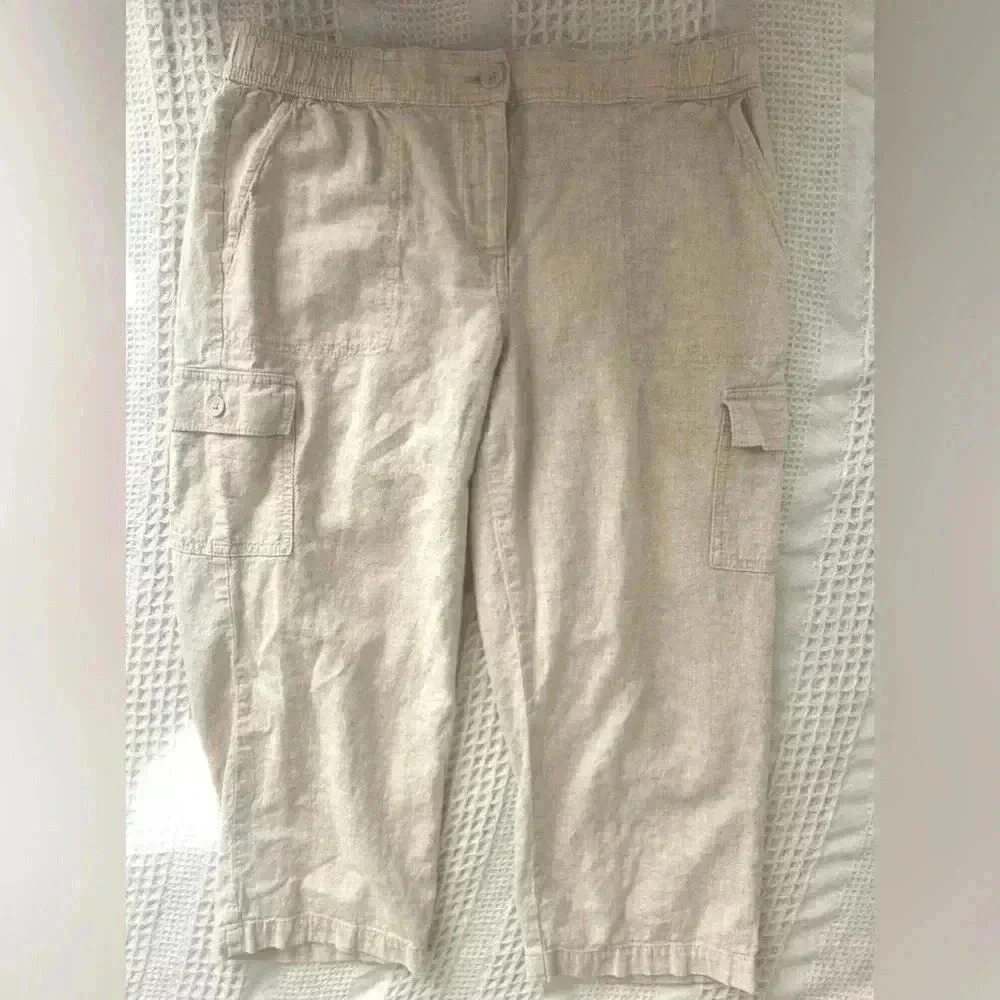 Talbots Cargo Linen Blend Pull On Cropped Capri Pants Women’s Size 10P Beige